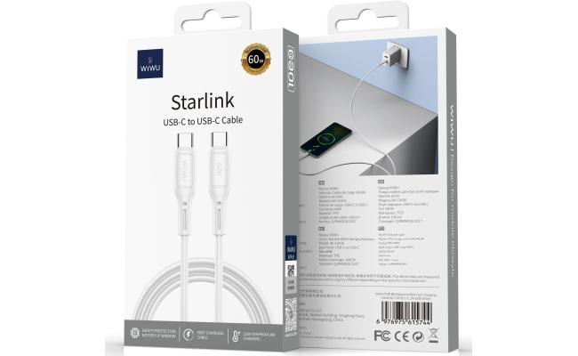 WiWU Wi-C04ЗE Starlink 60W Fast Charging & Durable Cable With USB-C to USB-C Cable 1M - White